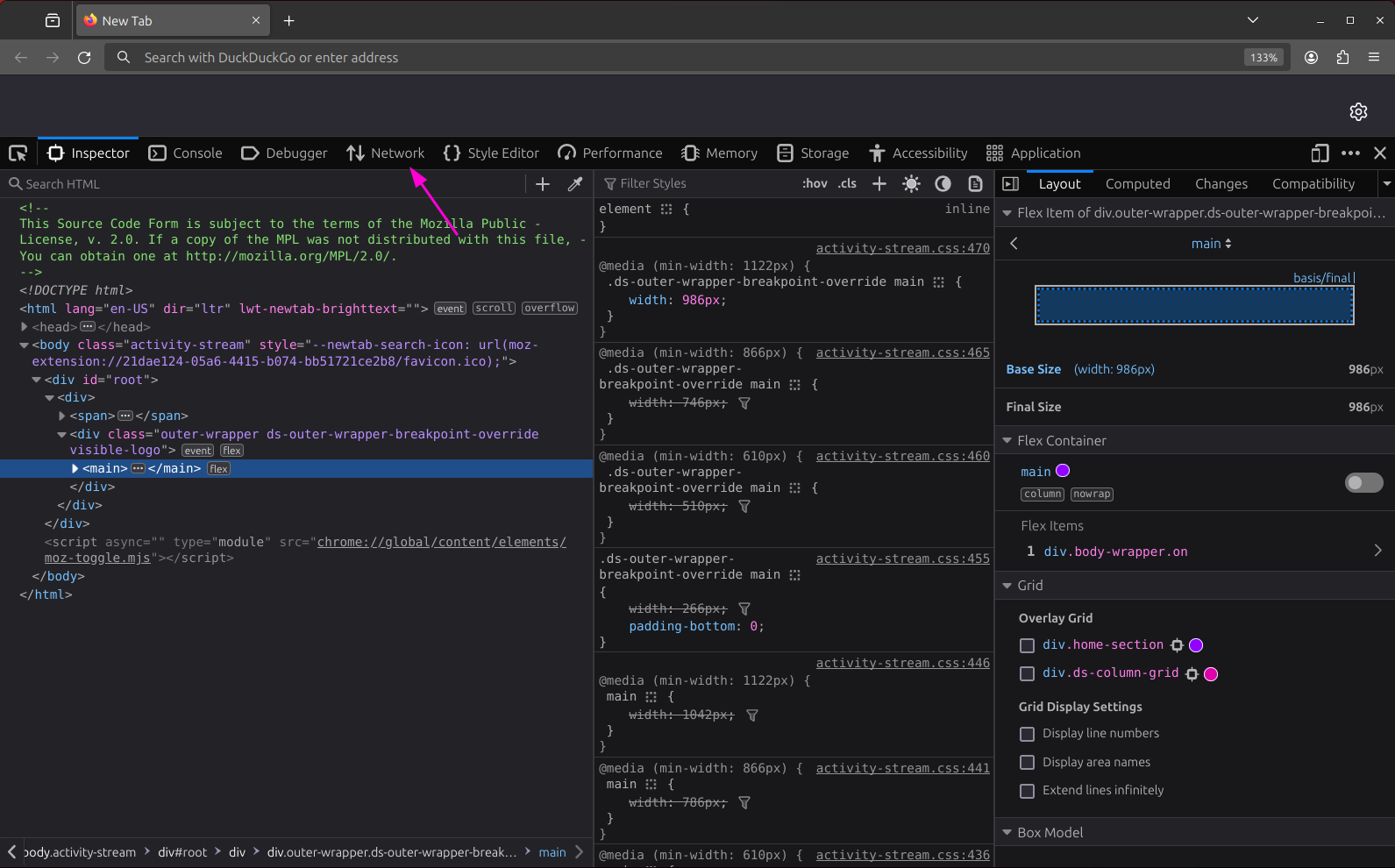 Screenshot of the Developer Tools section in Firefox. An arrow points to the Network tab.
